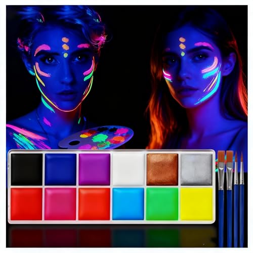 Glow UV Blacklight Face Paint,Neon Fluorescent Body Painting Palette,Water Activated Makeup Eyeliner,Water Based Glow In The Dark Party Halloween Washable for Adult Body Paint Set (12 color) - color: 12 color