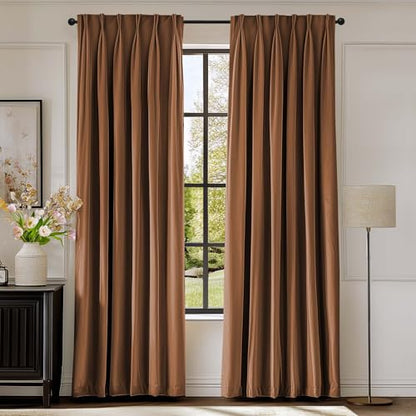 Lazzzy Brown Blackout Velvet Curtains 84 Inch Length Pinch Pleated Thermal Insulated Room Darkening Drapes Luxury Back Tab Drapes for Bedroom Living Room 2 Panels, 52 x 84 Inch, Caramel - color: Caramel, size: 52"W x 84"L (Pack of 2)