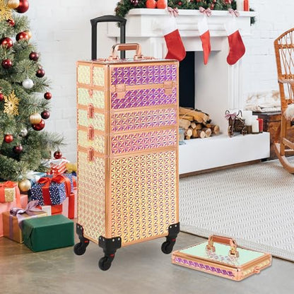 Somduy Rolling Makeup Case, Makeup Train Case with Lid, 5 in 1 Cosmetology Case on Wheels, Christmas Gift, Large Makeup Organizers, Profesional Cosmetic Case for Salon Barber, Bright Pink - color: Bright Pink