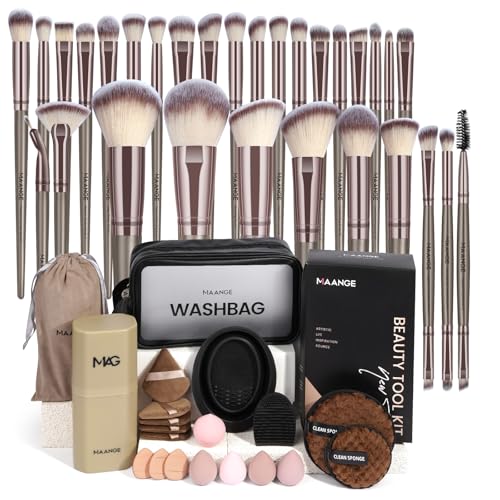 MAANGE Makeup Brush Set 51 PCS Professional Makeup Brushes Soft Foundation Powder Eyeliner Eye Shadow Makeup Brushes Set Travel Make up Brush Kit (Champagne) - color: Champagne