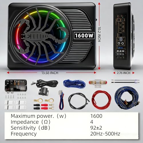 Upgrade1600W Under Seat Subwoofer | 10" Slim Car Sub with Built-in Amp, RGB LED Lights, APP Control | Independent Bass Knob, LPF, Gain, Bass Boost | High Output Deep Bass Distortion-Free Audio - color: Black XZWT