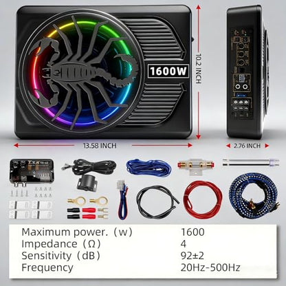 Upgrade1600W Under Seat Subwoofer | 10" Slim Car Sub with Built-in Amp, RGB LED Lights, APP Control | Independent Bass Knob, LPF, Gain, Bass Boost | High Output Deep Bass Distortion-Free Audio - color: Black XZWT