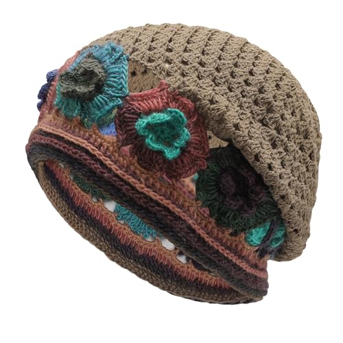 ZLYC Women Cotton Crochet Slouchy Beanie Hat Handmade Knit Summer Skull Cap | Lightweight breathable,boho casual chic look,travel photos festival party,café commute daily wear,beach concert gathering - color: Colorful Flower Tan