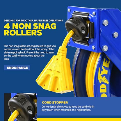 Goodyear Extension Cord Reel Retractable 14AWG x 100' Feet | 3C SJTOW Cable Triple Tap Connector Power Rating 125 Volt AC 13 Amp 1625 Watt Industrial Steel Single Arm