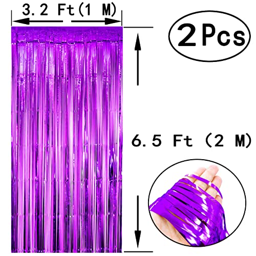 Black Purple Metallic Tinsel Foil Fringe Curtain - Video Game Birthday Baby Shower Graduation Halloween Retirement Bachelorette Wedding Anniversary Carnival Party Photo Booth Backdrop Decoration, 4pc