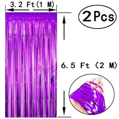 Black Purple Metallic Tinsel Foil Fringe Curtain - Video Game Birthday Baby Shower Graduation Halloween Retirement Bachelorette Wedding Anniversary Carnival Party Photo Booth Backdrop Decoration, 4pc