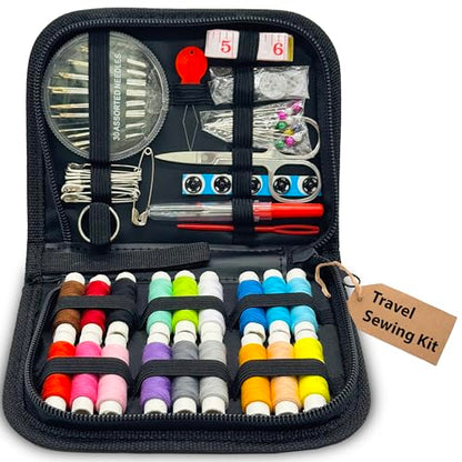 Vellostar Mini Hand Sewing Kit for Adults, Small Travel Case, 18 Threads | This travel sewing kit adds a needle threader, seam ripper, safety pins and measuring tape, not just thread and needles - color: Mini Black