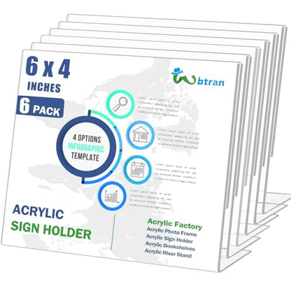 Slanted Back Acrylic Sign Holder 6 x 4, Acrylic Stands for Display Frame, Clear Plastic Tabletop Paper Sign Holder for Office, Home, Restaurant (6 Pack 6x4 Inches)