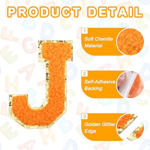 MECCANIXITY Chenille Letter Patches 2.2" Self Adhesive Alphabet J Stick on Embroidered Patch Sew on Letter Stickers Applique for Repairing Clothing Jeans Shoes Hats DIY(Orange, Pack of 2) - style: Letter-J