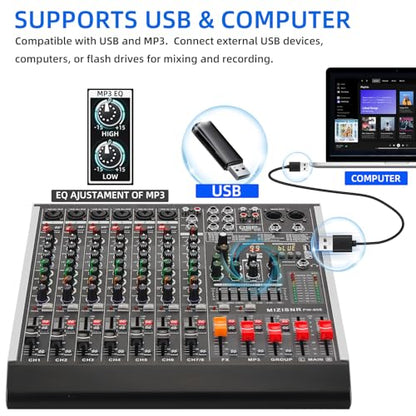8 Channel Audio Mixer Professional Sound Mixing Board with 99 DSP Effects, 7-band EQ Digital DJ Mixer Console w/USB Bluetooth MP3 for Recording, Independent 48V Power & Mute Button - size: 8 Channel - 13.8inch