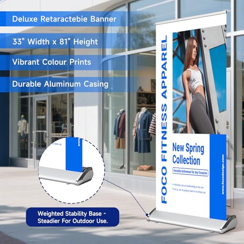 Custom Retractable Banner with Silver Aluminum Stand, 33"x81" Deluxe Banners and Signs Customize for Portable, Durable & Easy Setup, Custom Banners Personalized for Business, Birthday, Event - size: 34''x81''