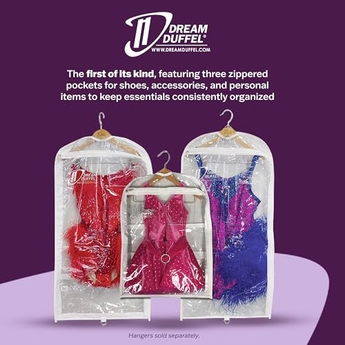 Clear Garment Bags for Dance Costumes 3-Pack, Regular-Size, Side Zipper Entry, Storage Pockets for Shoes & Accessories, Size 37”x18”, Dream Duffel - size: Non-Gusseted Regular-Size 37"x18"