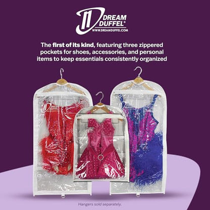 Clear Garment Bags for Dance Costumes 3-Pack, Regular-Size, Side Zipper Entry, Storage Pockets for Shoes & Accessories, Size 37”x18”, Dream Duffel - size: Non-Gusseted Regular-Size 37"x18"
