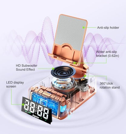 Gifts for Women Girls, Phone Stand with Bluetooth Speaker 360°Rotable Angle | Phone Holder for Desk/ HD Subwoofer Sound/ Fits Smart Phones/Alarm Clocks - color: Rose Gold