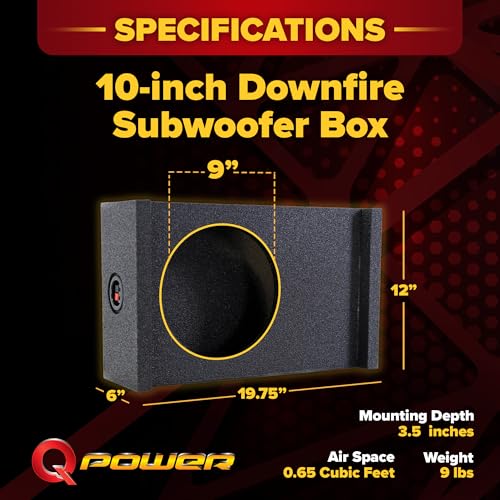 QPower Single 10in Sub Enclosure, Universal Shallow Mount Downfire/Behind Seat Speaker Box Compatible with Most GMC, Chevy, & Ford Trucks - style: 10" QBOMB