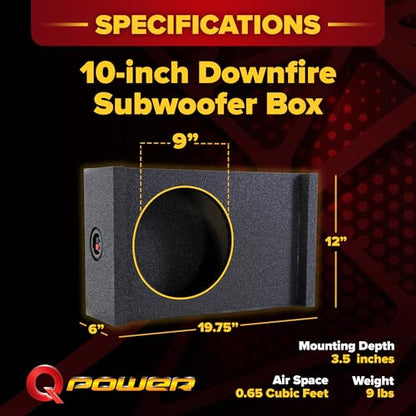 QPower Single 10in Sub Enclosure, Universal Shallow Mount Downfire/Behind Seat Speaker Box Compatible with Most GMC, Chevy, & Ford Trucks - style: 10" QBOMB