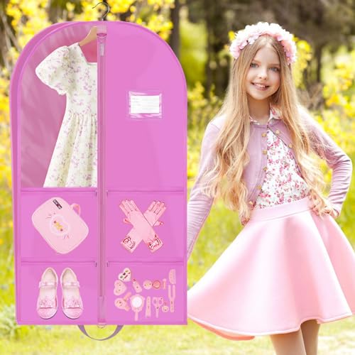 40" Girls Costume Garment Bag with Gusset, 4 Pockets Dance Costume Cover Bag, Waterproof Clothes Hanging Protector Cover, Foldable Travel Storage Cover Bag for Dance Theatre Beauty Pageants Sports