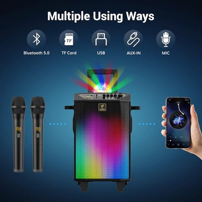 TONOR Wireless Karaoke Machine for Adults, PA System Portable Bluetooth Singing Speaker with 30 m/100 ft Dual Wireless Microphones Microfono, Disco Ball for Home Karaoke, Party, Class and Church K20