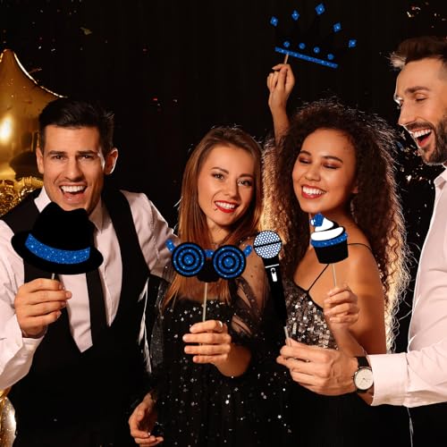 Zonon 24 Pcs Photo Booth Props Set Black Gold Birthday,Blue and Black | Props on Sticks for Wedding, Reunion, Prom, Includes Mustache, Hats, Glasses, Ties, Lips, Crowns, Fun Party Accessories - color: Blue and Black