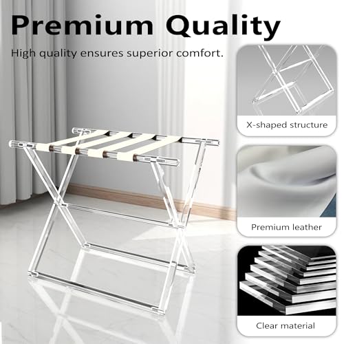 Acrylic Luggage Rack for Guest Room,Folding Luggage Rack with Leather Straps,Holds up to 120 lbs Suitcase Stand for Bedroom, Living Room and Hotel (Beige Leather)