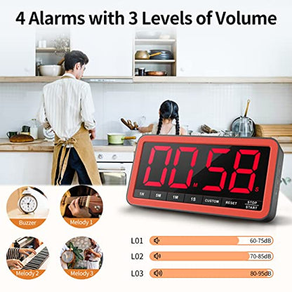 VOCOO Large 7.8" Digital Timer, Magnetic LED Timer for Kitchen & Classroom | USB-C Rechargeable, Up to 99 Hours Count Up & Countdown Timer with 3 Brightness Levels, 4 Alert Modes and 3 Volume Levels - color: Black Red