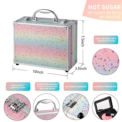 Hot Sugar Makeup Kit Starter Gift Set with Train Case for Teens (Rainbow) | Complete beauty cosmetics set with reusable rainbow makeup box. Includes pigmented eyeshadow palette, blush and lipstick. - color: Rainbow