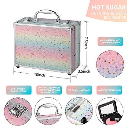 Hot Sugar Makeup Kit Starter Gift Set with Train Case for Teens (Rainbow) | Complete beauty cosmetics set with reusable rainbow makeup box. Includes pigmented eyeshadow palette, blush and lipstick. - color: Rainbow