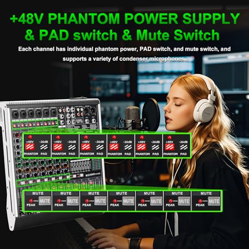 8 Channel Audio Mixer Professional Sound Mixing Board with 99 DSP Effects, 7-band EQ Digital DJ Mixer Console w/USB Bluetooth MP3 for Recording, Independent 48V Power & Mute Button - size: 8 Channel - 13.8inch