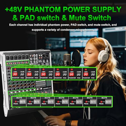8 Channel Audio Mixer Professional Sound Mixing Board with 99 DSP Effects, 7-band EQ Digital DJ Mixer Console w/USB Bluetooth MP3 for Recording, Independent 48V Power & Mute Button - size: 8 Channel - 13.8inch