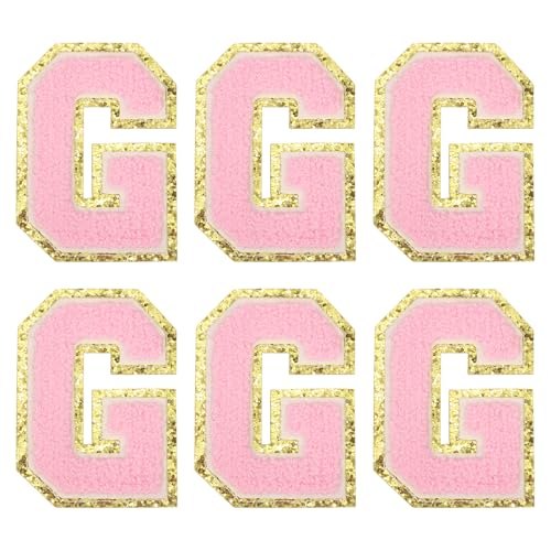 MECCANIXITY Chenille Letter Patches 3.1" Alphabet G Iron on Embroidered Patch Sew on Letter Stickers Applique for Repairing Clothing Jeans Shoes Hats DIY(Pink, Pack of 6) - style: Letter-G