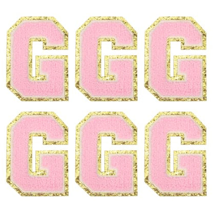 MECCANIXITY Chenille Letter Patches 3.1" Alphabet G Iron on Embroidered Patch Sew on Letter Stickers Applique for Repairing Clothing Jeans Shoes Hats DIY(Pink, Pack of 6) - style: Letter-G