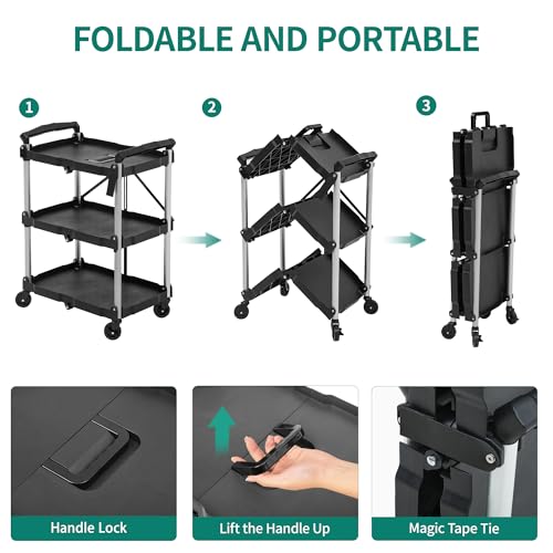 YITAHOME 3-Tier Folding Utility Cart with Wheels (2 Brakes), 240lbs - size: 240 LBS with 23.03" L x 15.35" W x 32.6"H