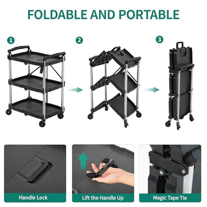 YITAHOME 3-Tier Folding Utility Cart with Wheels (2 Brakes), 240lbs - size: 240 LBS with 23.03" L x 15.35" W x 32.6"H