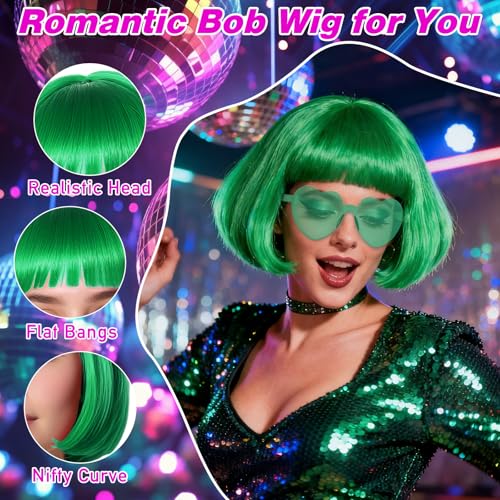 PLULON Green Bob Wig Tutus Heart Sunglasses for Women Costume, Neon Bobs with Bangs Funny Wigs Puffy Tutus for St. Patrick's Day Disco Bachelorette Christmas Halloween Party Music Festivals - color: Green