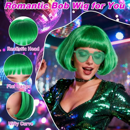 PLULON Green Bob Wig Tutus Heart Sunglasses for Women Costume, Neon Bobs with Bangs Funny Wigs Puffy Tutus for St. Patrick's Day Disco Bachelorette Christmas Halloween Party Music Festivals - color: Green