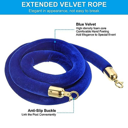 PATIKIL 5 Feet Blue Velvet Stanchion Rope, Crowd Control Barrier Rope with Snap Hooks for Posts Stand Queue Divider of Hotel Theater, Golden - color: Blue, size: 5 Feet