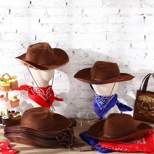 Hillban 48 Pack Cowboy Hats and Bandanas Set, Felt Plastic Cowgirl Hats for Women Men Cowboy Western Party Supplies(Brown, Red, Blue) - color: Brown, Red, Blue