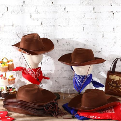 Hillban 48 Pack Cowboy Hats and Bandanas Set, Felt Plastic Cowgirl Hats for Women Men Cowboy Western Party Supplies(Brown, Red, Blue) - color: Brown, Red, Blue