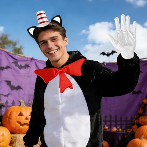 GJD Book Character Costume Accessories Set, Cat Ears Headband with Red and White Stovepipe Hat, Red Bow Tie, White Gloves for Dress Up, Halloween, Cosplay