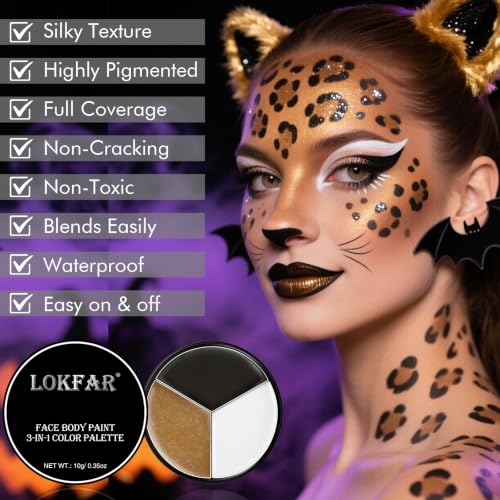 Black White Metallic Brown Face & Body Paint - Blendable Facepaint Foundation with Sponge & Brush for Skin, Professional Halloween Face Make-up Kit for Cat Deer Cheetah Leopard Tiger Lion Costume - color: 03 Cat/Deer