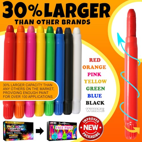 Jim&Gloria Face Paint Kit with Stencils, 8 Large Professional Face Painting Kit, Washable Body Paint Makeup, Skin Color Crayons Facepaint Sticks for Cosplay, Costume Party Gifts