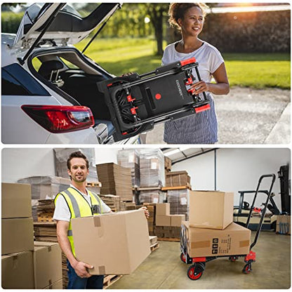 Folding Hand Truck Dolly, 330lb Convertible 4 to 2 Wheel Moving Cart, Red | Dolly Cart with Retractable, Aluminum Alloy & Cast Iron Build, Nylon Wheels,Compact Fold,for Moving,Office,Delivery,Outdoor - size: 330LB