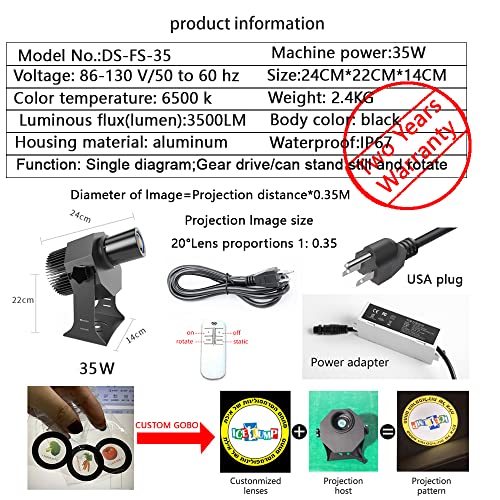35W LED Logo GOBO Projector Ip67 Waterproof DJ Effect Light Including Free Custom Glass GOBO to Project Image for Hotel Company Store Wedding Advertising Indoor and Outdoor Use (35W)