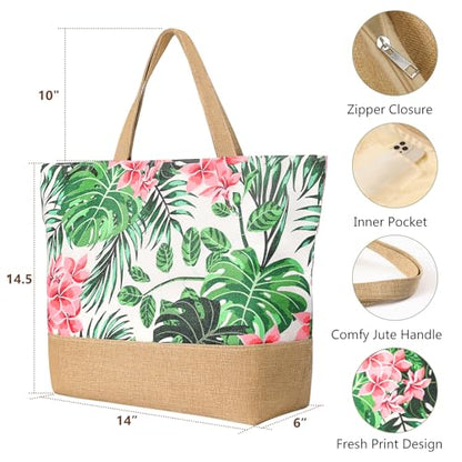 Trifabricy Beach Bags for Women,Waterproof Straw Beach Tote Bag With Zipper - color: Pink Floral