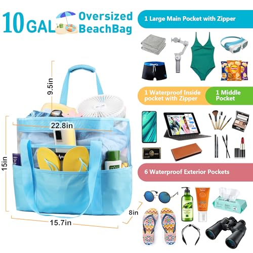Mesh Beach Bag - Large Waterproof Beach Tote Bag with Zipper | Oversized Foldable Lightweight Family Swim Bag Vacation - color: Blue