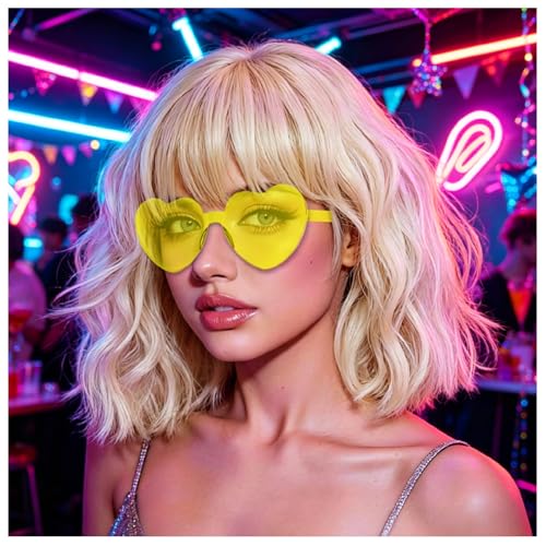 Blonde Wavy Bob Wig with Bangs Heart Sunglasses for Women, Funny Hair Replacement Curly Bob Synthetic Wigs with Hair Cap for Cosplay Costume Bachelorette 80s Retro Party Birthday Fancy Dress - color: Blonde
