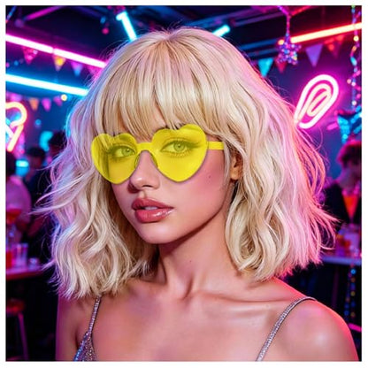Blonde Wavy Bob Wig with Bangs Heart Sunglasses for Women, Funny Hair Replacement Curly Bob Synthetic Wigs with Hair Cap for Cosplay Costume Bachelorette 80s Retro Party Birthday Fancy Dress - color: Blonde