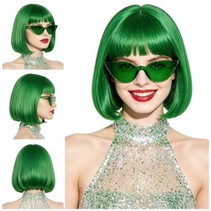 Short Bob Straight Hair Wigs with Bangs, Synthetic Fiber Colorful Hair, Cat Eye Glasses for Women (Green) - color: Green