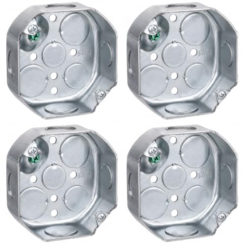OHLECTRIC 4” Welded Octagon Steel Electrical Box (4 Pack)| 2-1/8" Deep Box with 1/2” & 3/4” Knockouts, Fire Rated | Ideal for Lighting Fixtures, Switches and Receptacles - size: 1/2" & 3/4" KO Box with Raised Ground