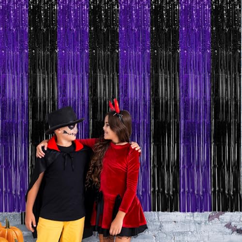 Purple Black Foil Fringe Curtains Birthday Party Decorations, 2 PCS | 3.28 x 6.56 Ft Purple Black Tinsel Streamers Backdrop Banner Photo Booth Props for Graduation Halloween Party Decor Supplies